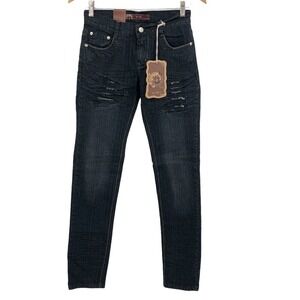 U-51 Skinny Jeans Women's 3/4 Distressed Dark Wash Stretch Low Rise Embroidered
